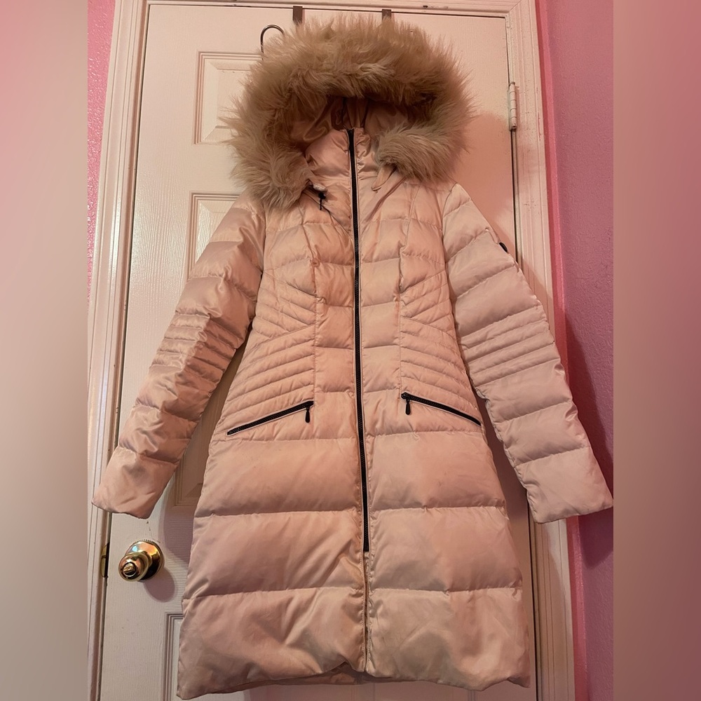 1 Madison Cream Puffer Jacket with Removable Hood & Faux Fur Collar Sz S/C